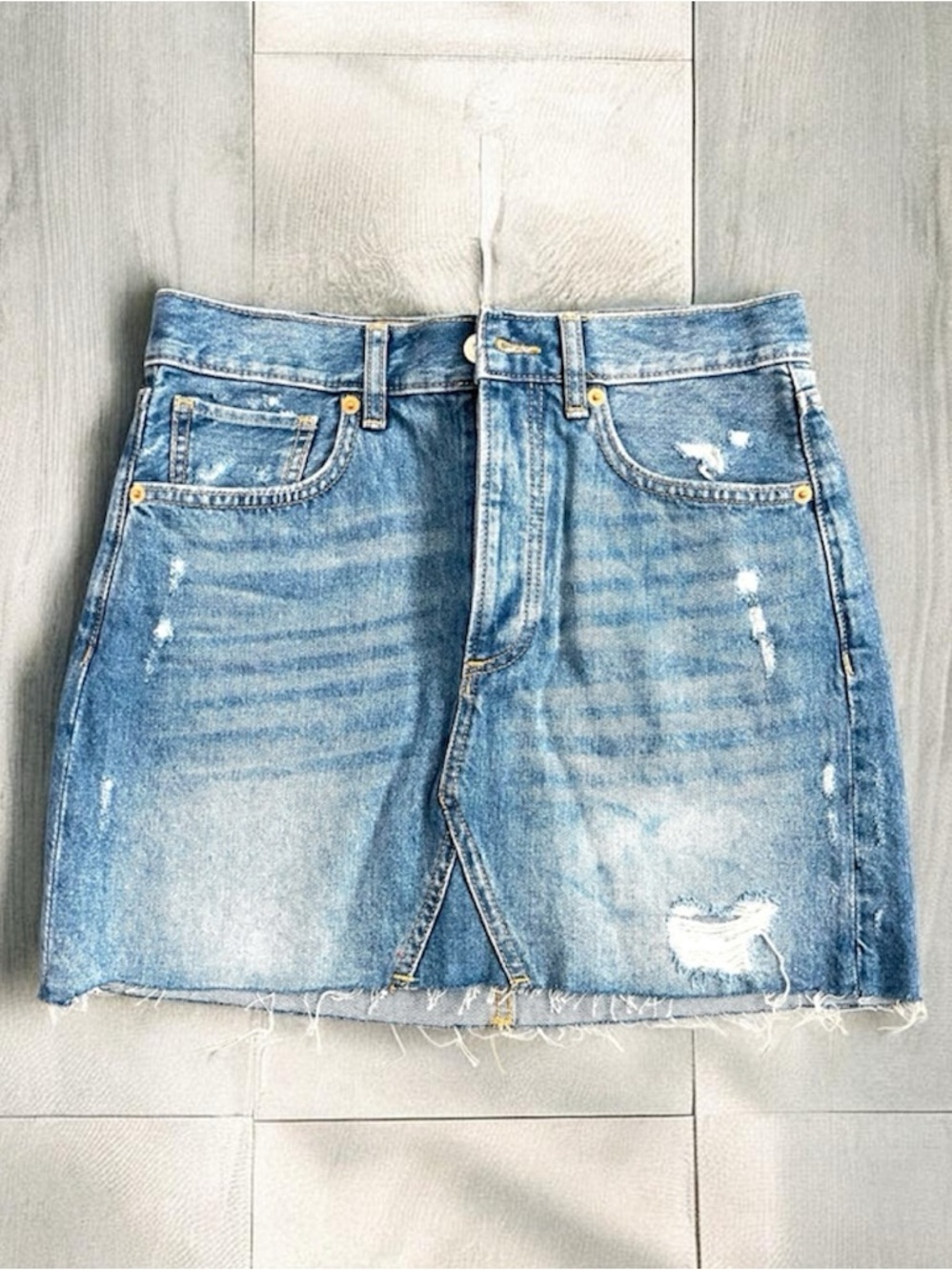Mango Distressed Denim Mini Skirt Light Wash Raw Hem Y2K Size S